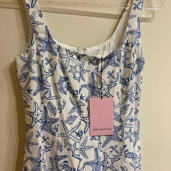 NWT Avec Les Filles Linen Blend Fit Flare Nautical Starfish Anchor Dress Size 2 - Picture 7 of 10